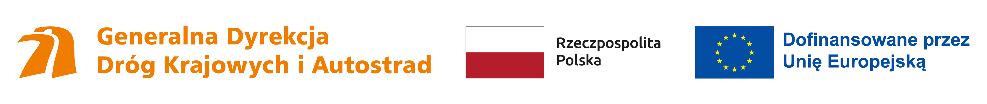 Zestawienie logotypów od lewej: Logotyp GDDKiA - kształt głowy orła stylizowany na dwupasmową drogę, flaga Polski, flaga Unii Europejskiej z dopiskiem Dofinansowane przez Unię Europejską