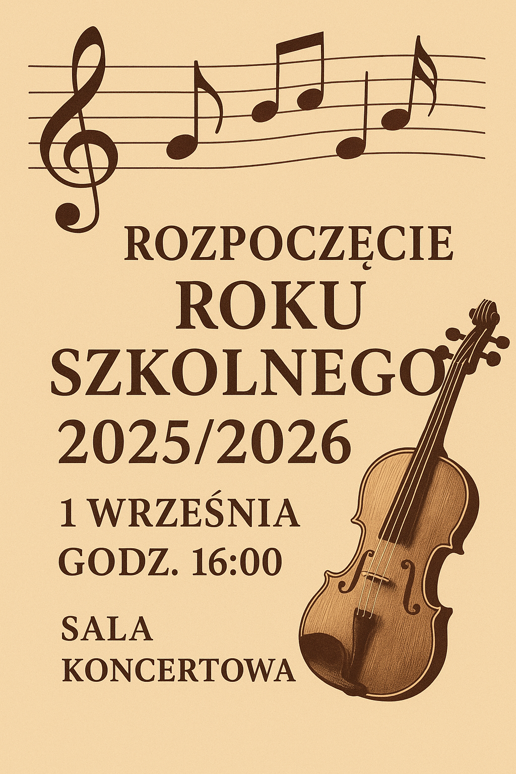 Plakat - szkolnego roku 2025. Brązowe kolory, na podziałce skrzypce
