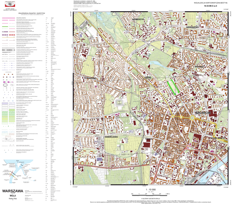 Ilustracja przedstawia zrzut ekranu z przykładową wizualizacją kartograficzną BDOT10k w skali 1:10 000 dla obszaru woj. zachodniopomorskiego.