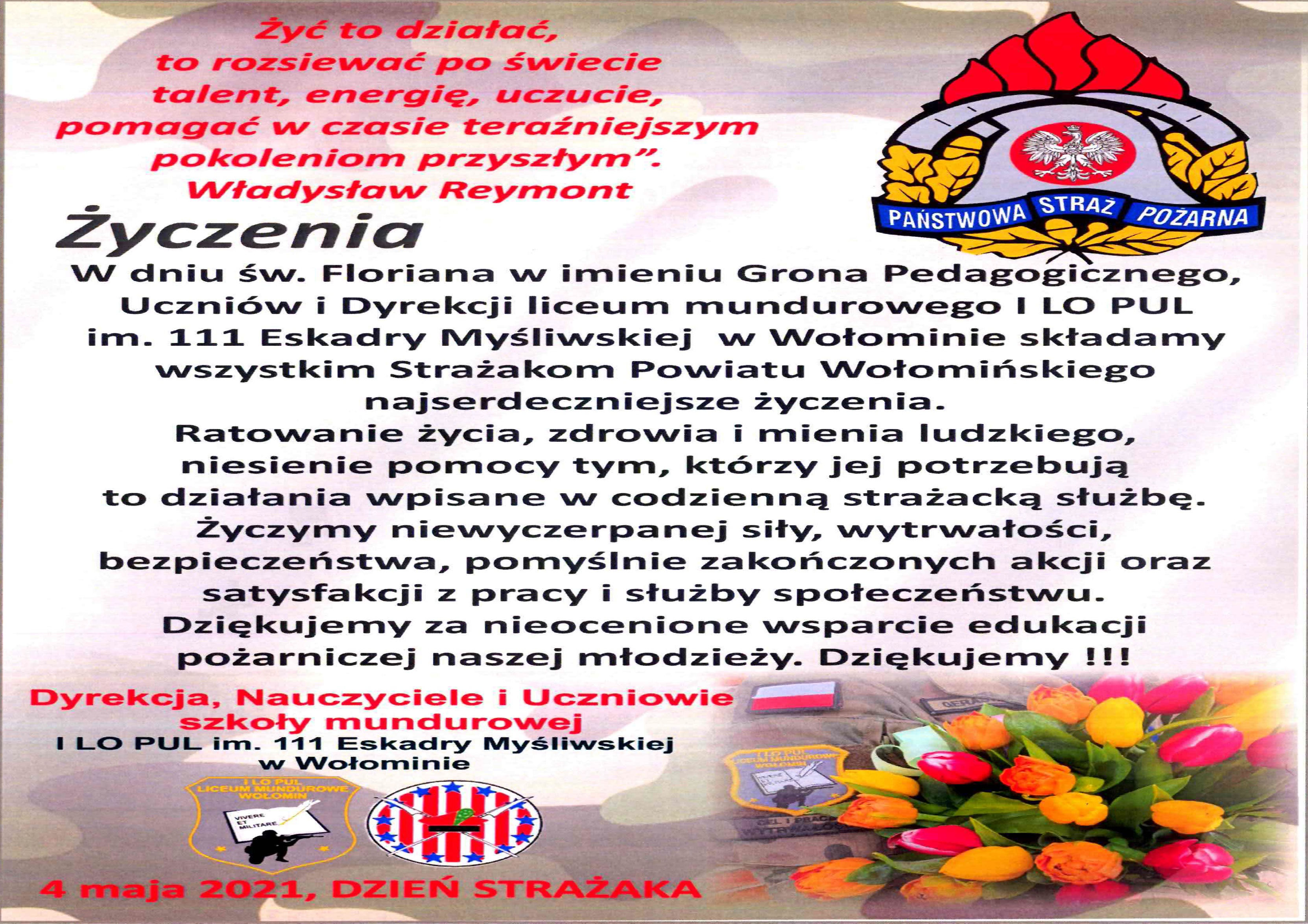 List z okazji Dnia Strażaka I LO PUL im. 111 Eskadry Myśliwskiej w Wołominie