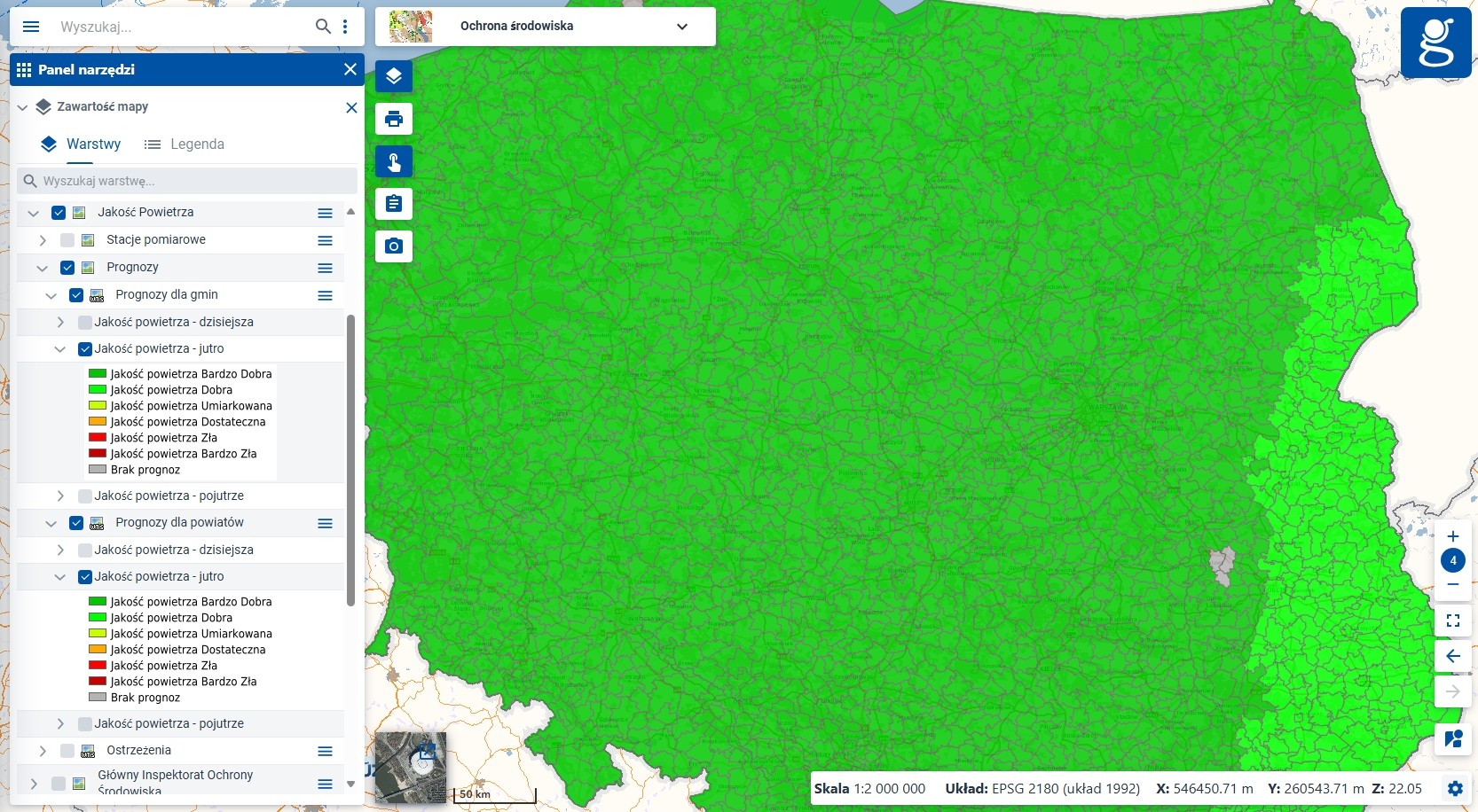 zrzut ekranu z serwisu www.geoportal.gov.pl prezentujący warstwę jakość powietrza na dany dzień z podziałem dla gmin, powiatów