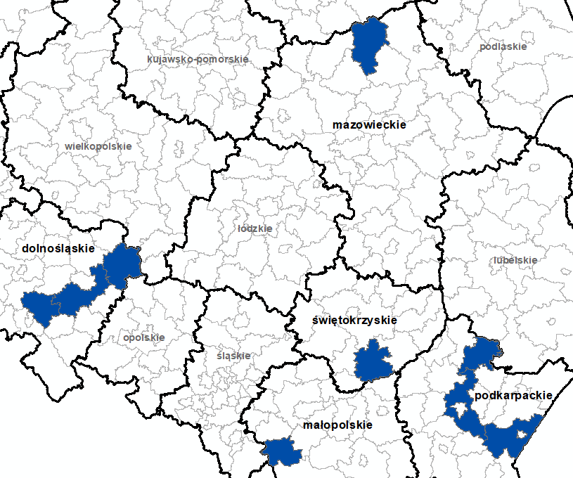 Ilustracja przedstawia obszary powiatów objętych aktualizacją zbiorów danych BDOT10k