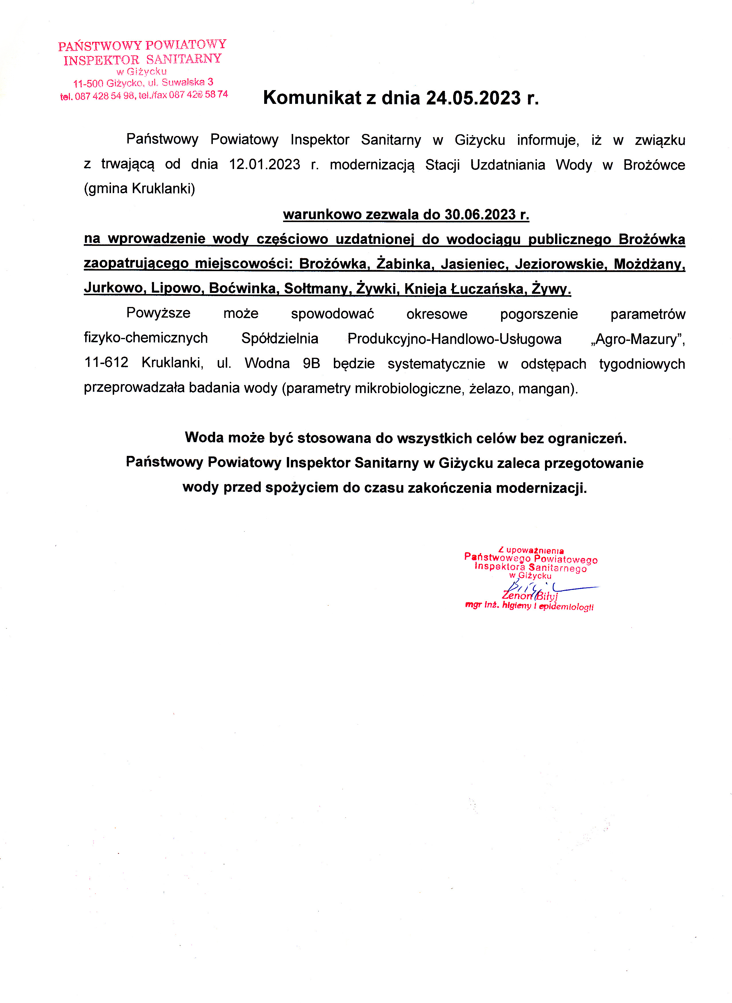 Komunikat z dnia 24.05.2023 r. (dot. wodociągu publicznego Brożówka)