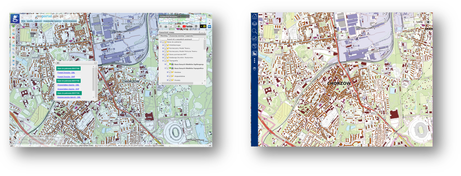 Rys. 2 Ilustracja przedstawia zaktualizowany zbiór danych BDOT10k dla fragmentu miasta Chorzów w usłudze Baza Danych Obiektów Topobraficznych oraz w Portalu BDOT10k.