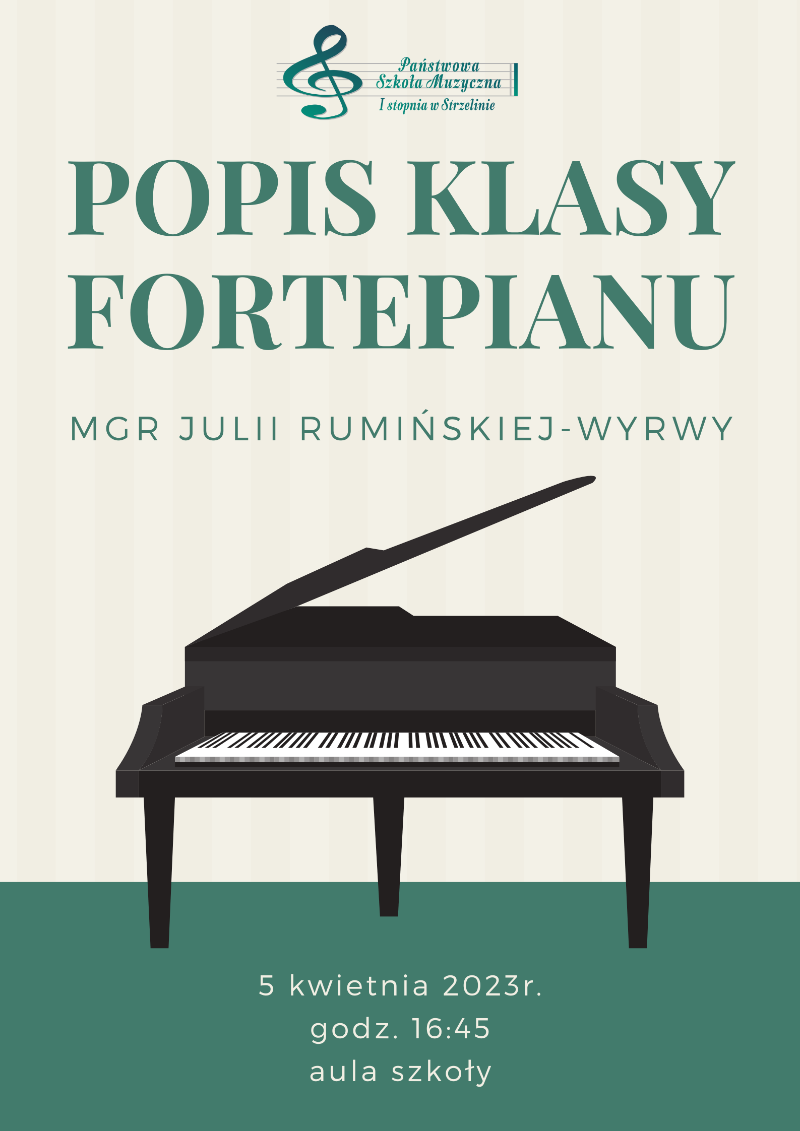 Plakat ma beżowo-zielone tło. Znajduje się na nim czarna grafika fortepianu. W górnej części plakatu znajduje się logo PSM Strzelin.