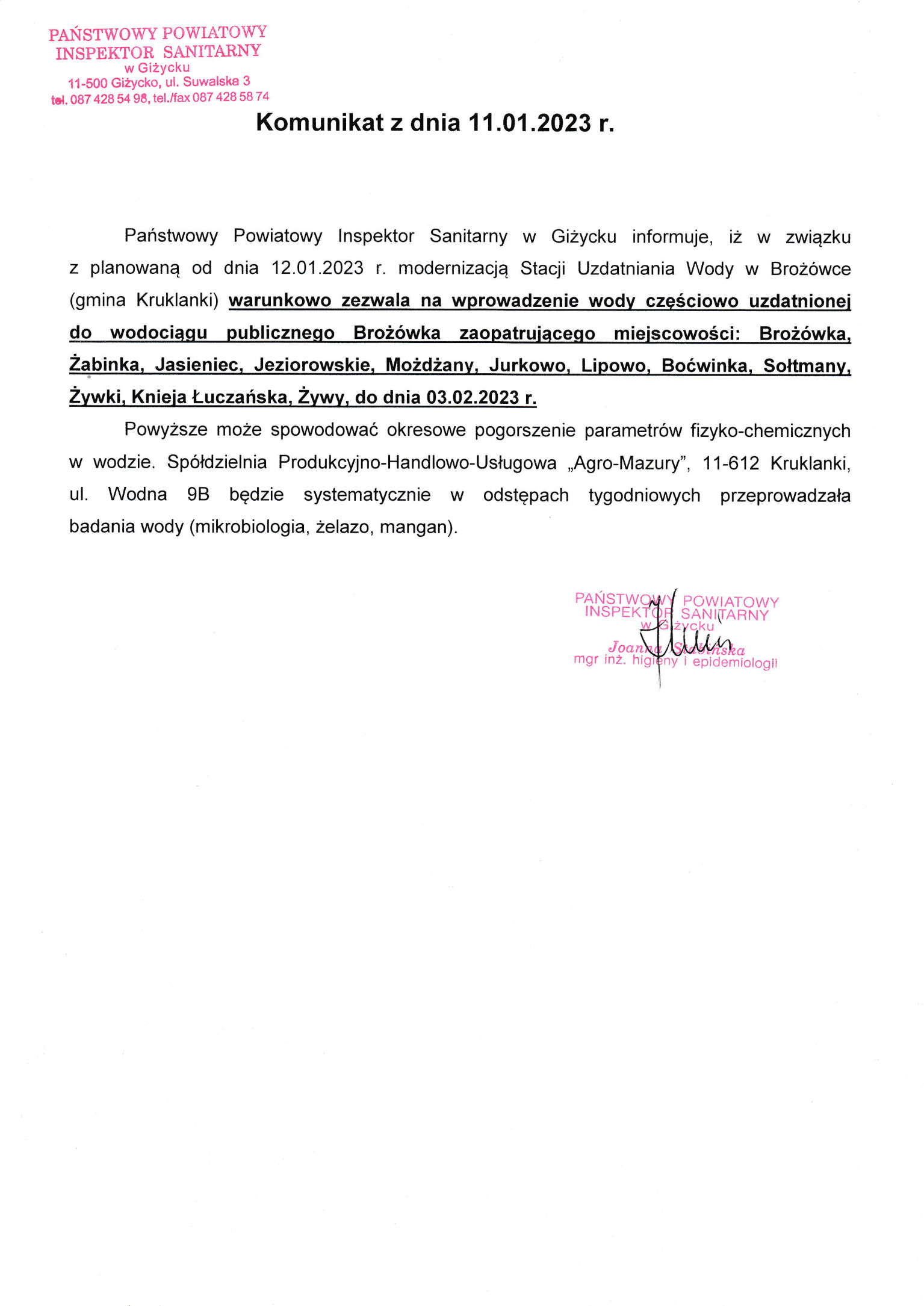 Komunikat z dnia 11.01.2023 r. (dot. wodociągu publicznego Brożówka)