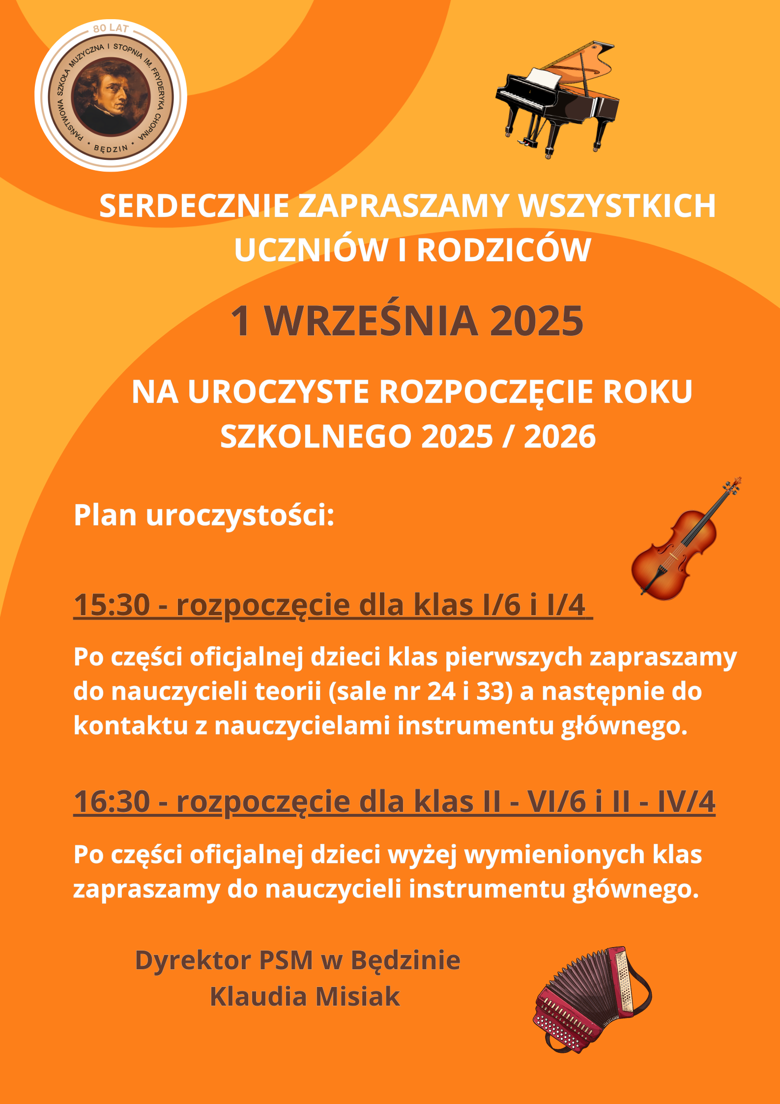 plakat na pomarańczowym tle, na środku opis wydarzenia, po bokach ikony instrumentów i logo szkoły
