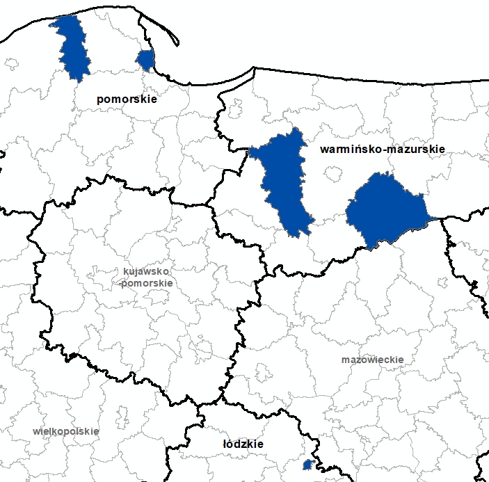 Ilustracja przedstawia obszary powiatów objętych aktualizacją zbiorów danych BDOT10k.