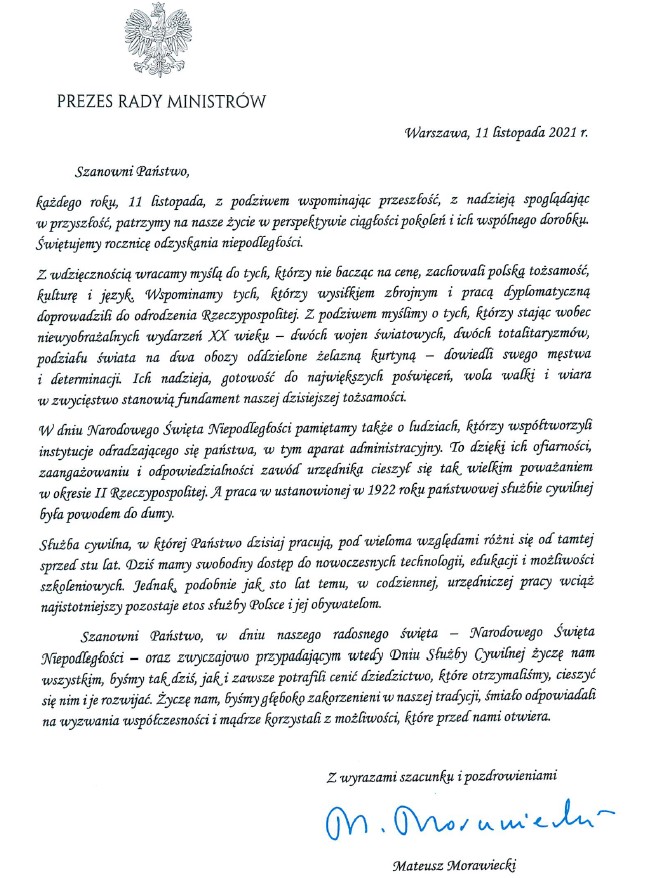 Lista Szefa Rady Ministrów z okazji Narodowego Święta Niepodległości oraz Dnia Służby Cywilnej