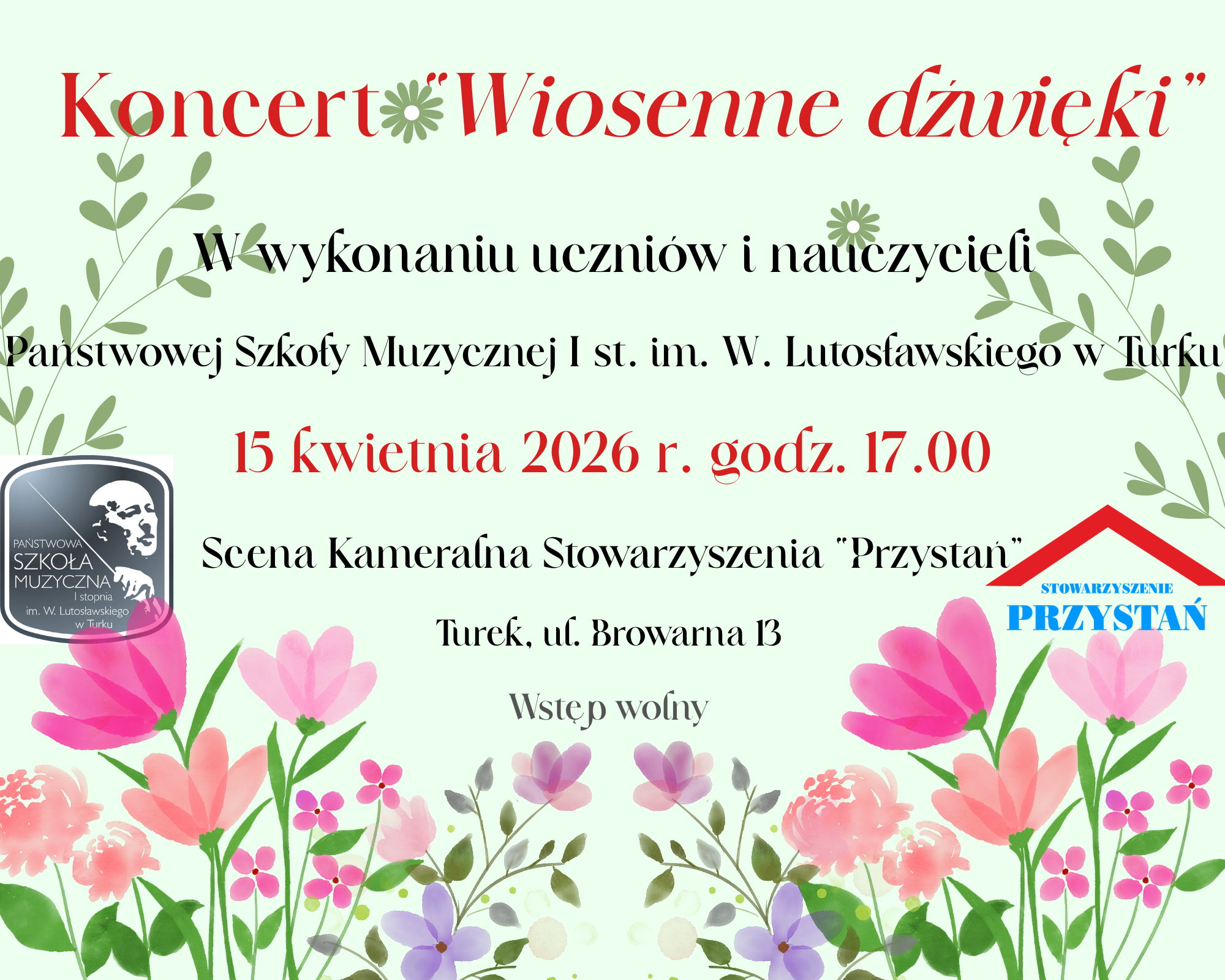 Plakat jest prostokątny, w poziomej orientacji strony. Tło jest pastelowo - zielone. Po prawej i lewej stronie znajdują się zielone gałązki z małymi listkami. Na dole znajdują się luźno rozrzucone kwiaty w kolorach: róż, fuksja, łososiowy, jasnofioletowy na zielonych łodyżkach z listkami. 