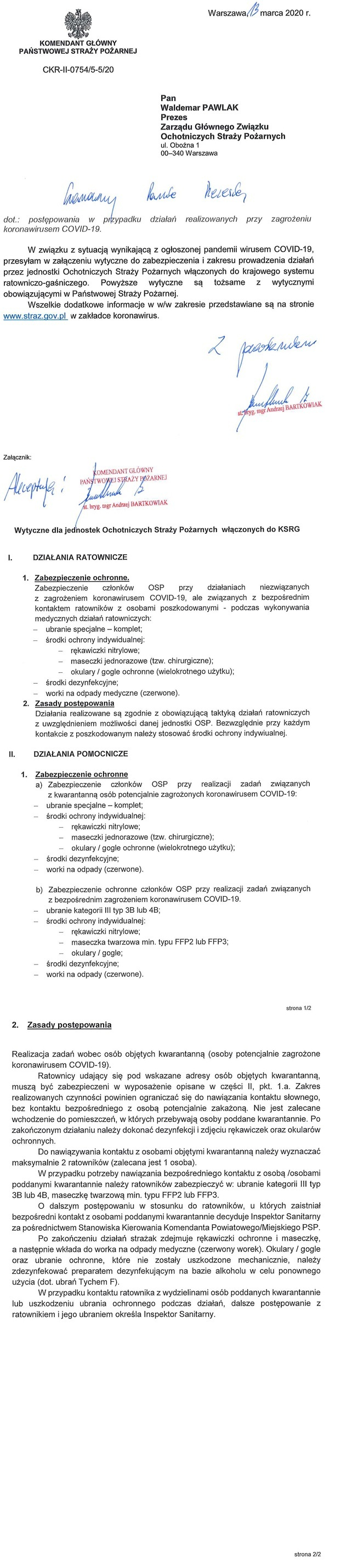 Informacje dotyczące postępowania przez jednostki OSP wytypowane do prowadzenia działań w związku z koronawirusem