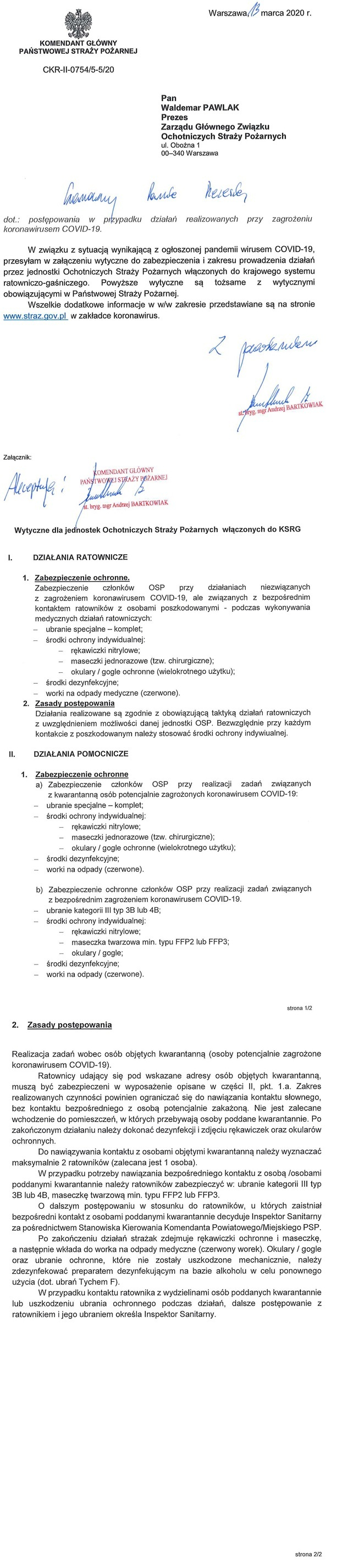 Informacje dotyczące postępowania przez jednostki OSP wytypowane do prowadzenia działań w związku z koronawirusem