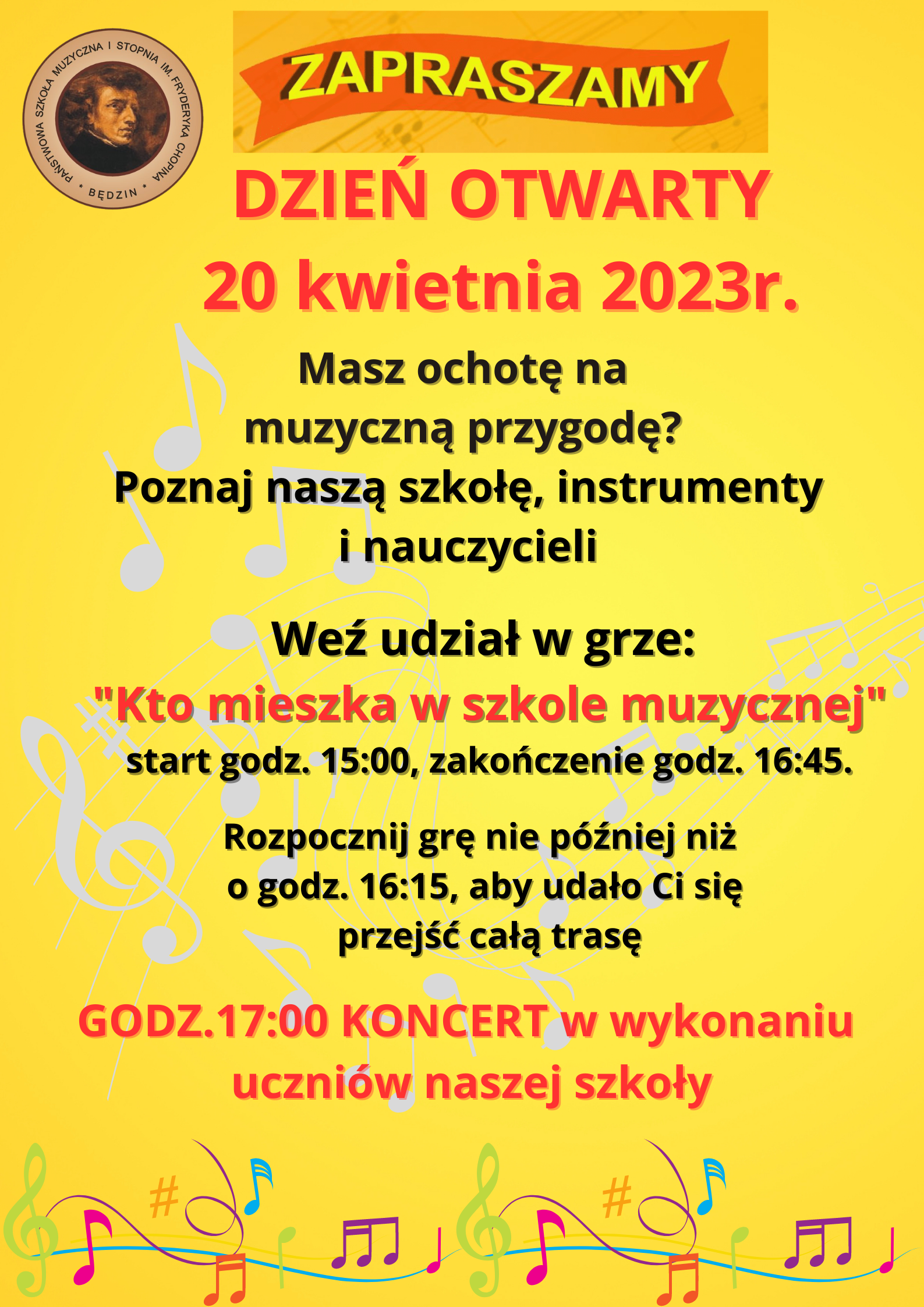 plakat na żółtym tle, na środku opis imprezy, na dole ikonografia kolorowych nut, w górnym lewym rogu znajduję się logo szkoły