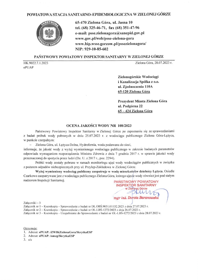 Ocena jakości wody Nr 108/2023 Zielona Góra - Łężycz