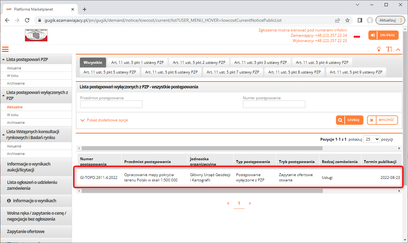 Rysunek przeedstawia zrzut z serwisu eZamawiający z opublikowanym przetargiem na mapę pokrycia terenu w skali 1:500 000.