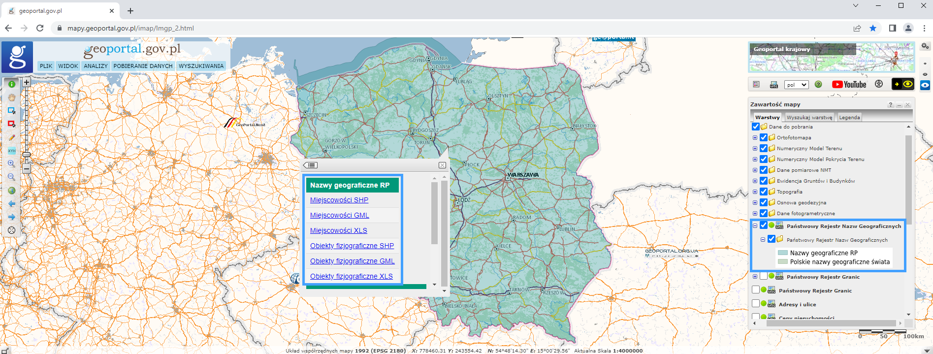 Ilustracja przedstawiająca zrzut ekranu z serwisu www.geoportal.gov.pl z uruchomioną usługą pobierania danych dotyczących nazw geograficznych RP poprzez skorowidze.