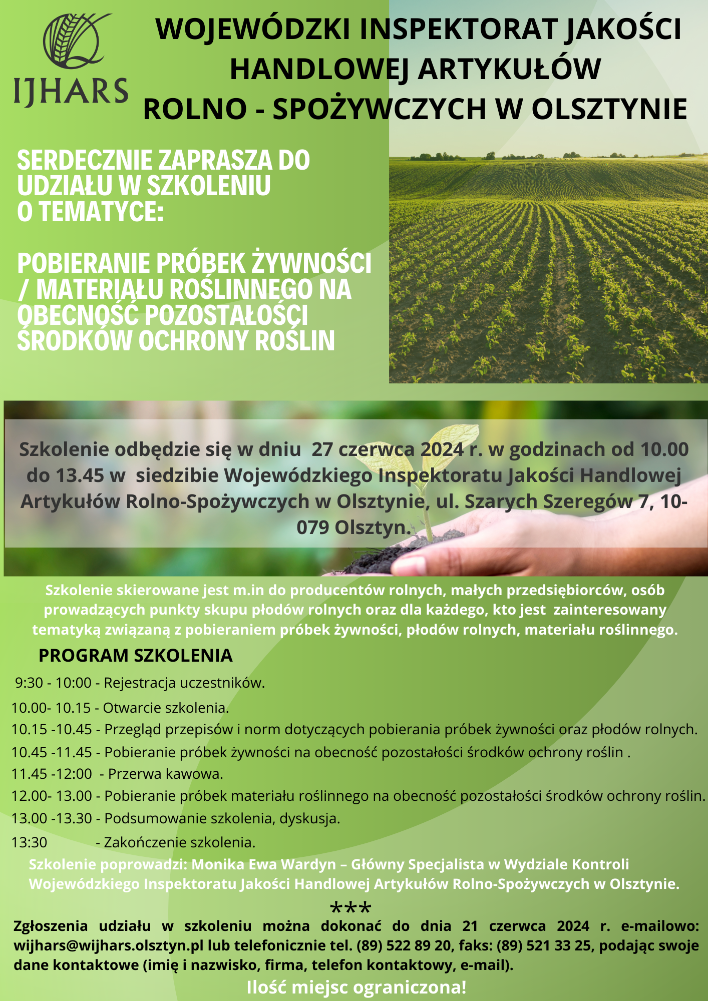 Ulotka informacyjna dotycząca szkolenia o tematyce: pobieranie próbek żywności / materiału roślinnego na obecność pozostałości środków ochrony roślin