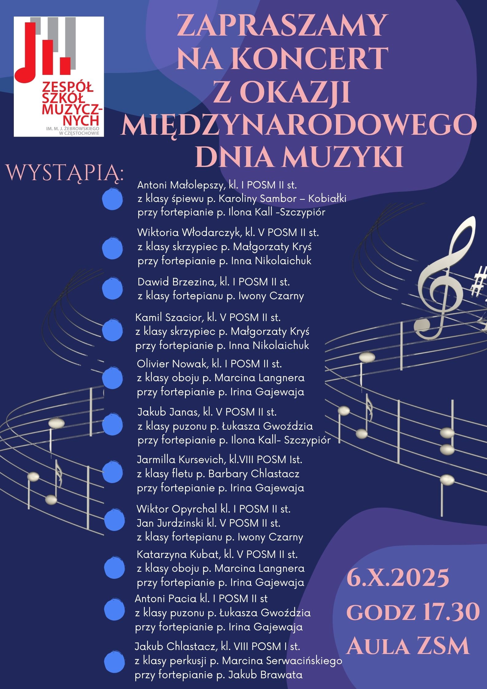 Granatowe tło, logo szkoły, tekst dotyczący koncertu 6.10.2025 z okazji Międzynarodowego Dnia Muzyki o godz. 16.00