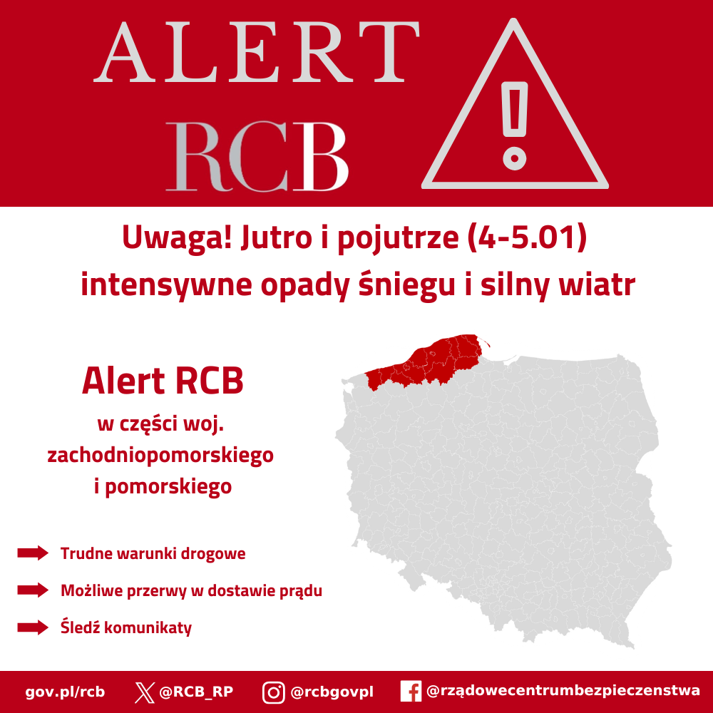 Alert RCB - intensywne opady śniegu i silny wiatr 3 stycznia 2026. Alert został wysłany do użytkowników przebywających w części województwa zachodniopomorskiego i pomorskiego.