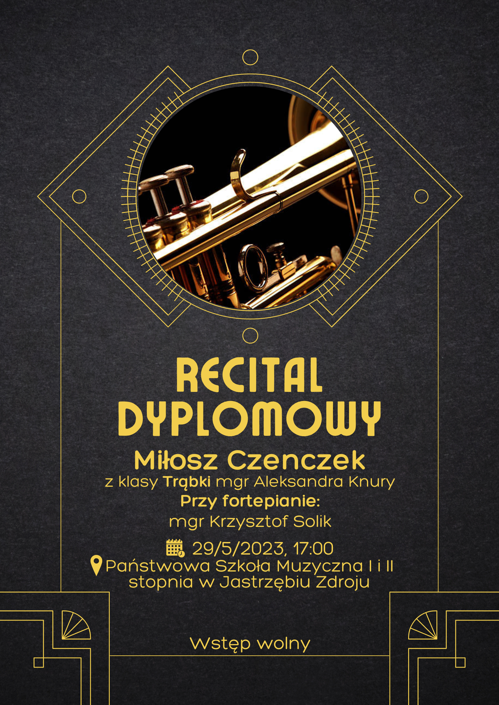 Plakat na recital Dyplomowy Miłosza Czenczek.