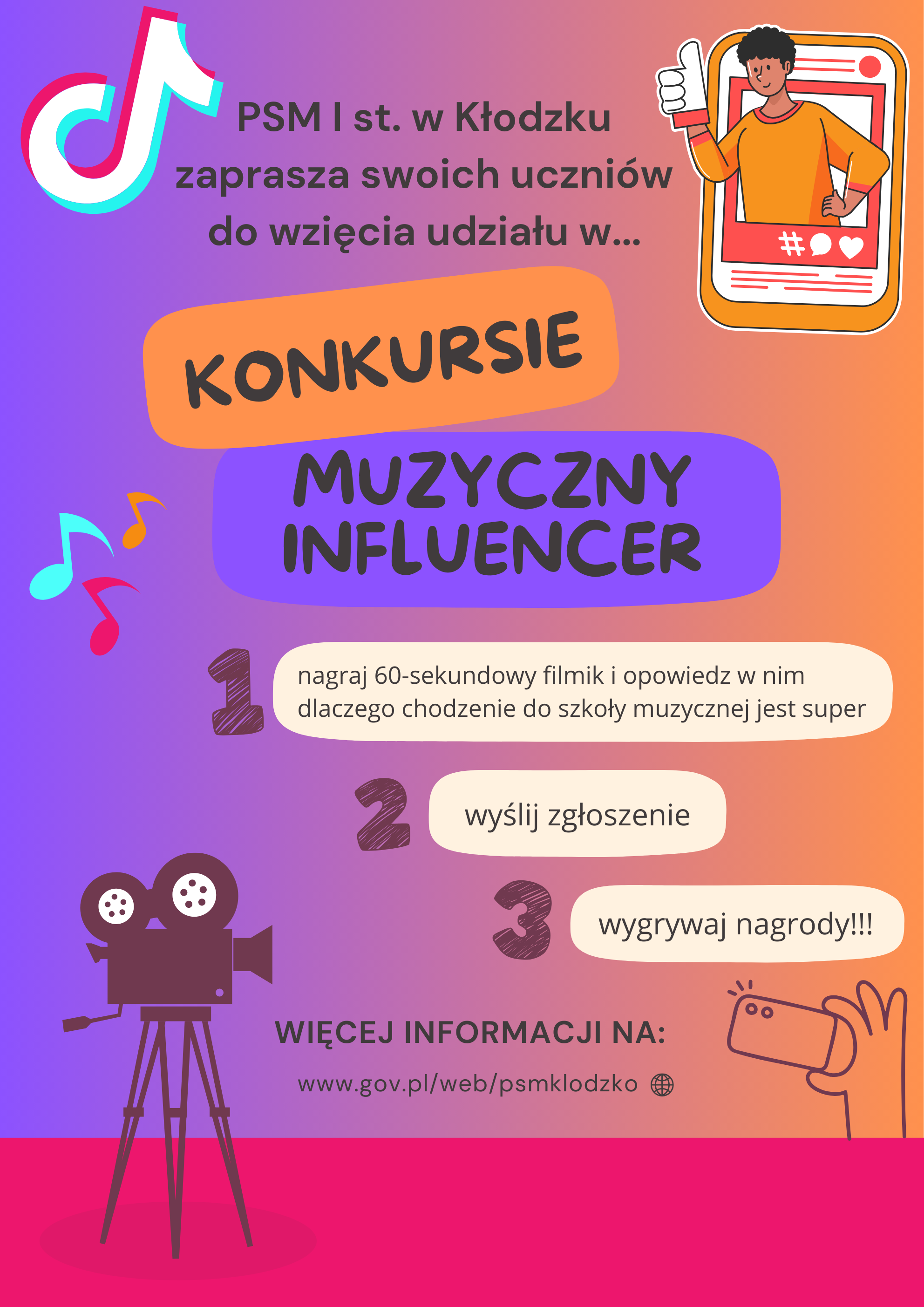 Plakat na kolorowym tle ze szczegółowymi informacjami dotyczącymi konkursu muzyczny influencer