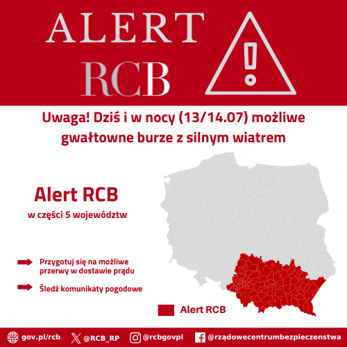 "Uwaga! Dziś i w nocy (13/14.07) możliwe gwałtowne burze z silnym wiatrem. Przygotuj się na możliwe przerwy w dostawie prądu. Śledź komunikaty pogodowe". 