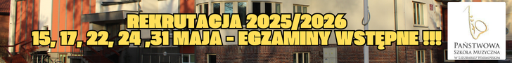 Na środku baneru nazwa rekrutacja 2025/2026 napisana w kolorze żółtym ,poniżej daty i nazwa egzaminy wstępne napisane w kolorze żółtym