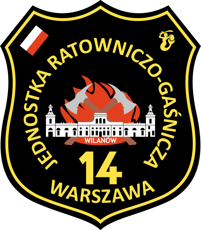 Logo w kształcie czarnej tarczy ze złotym konturem. W górnych narożnikach znajduje się flaga Polski oraz złota sylwetka Syrenki Warszawskiej. Centralną część loga tworzy popiersie strażaka w hełmie wraz z maską, w której wizjerze odbijają się czerwone płomienie. W tle Kolumna Zygmunta koloru białego. Wokół jest napis Jednostka Ratowniczo-Gaśnicza 1 Warszawa.