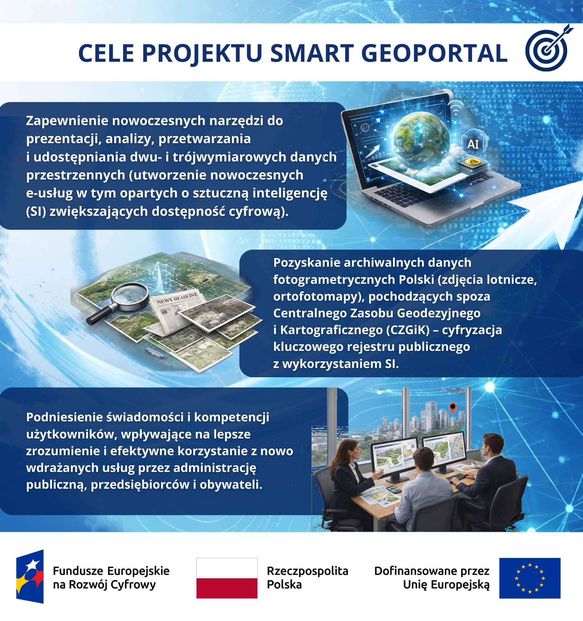 Infografika z celami projektu Smart Geoportal