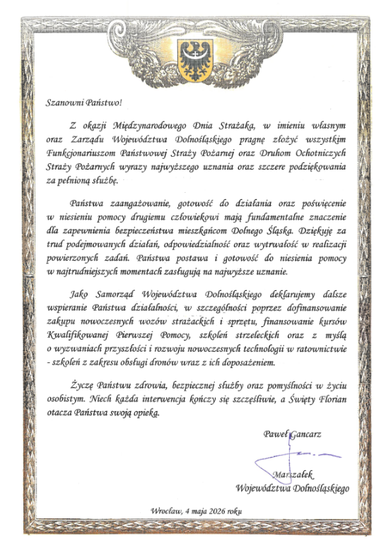Podziękowania od Marszałka Województwa Dolnośląskiego