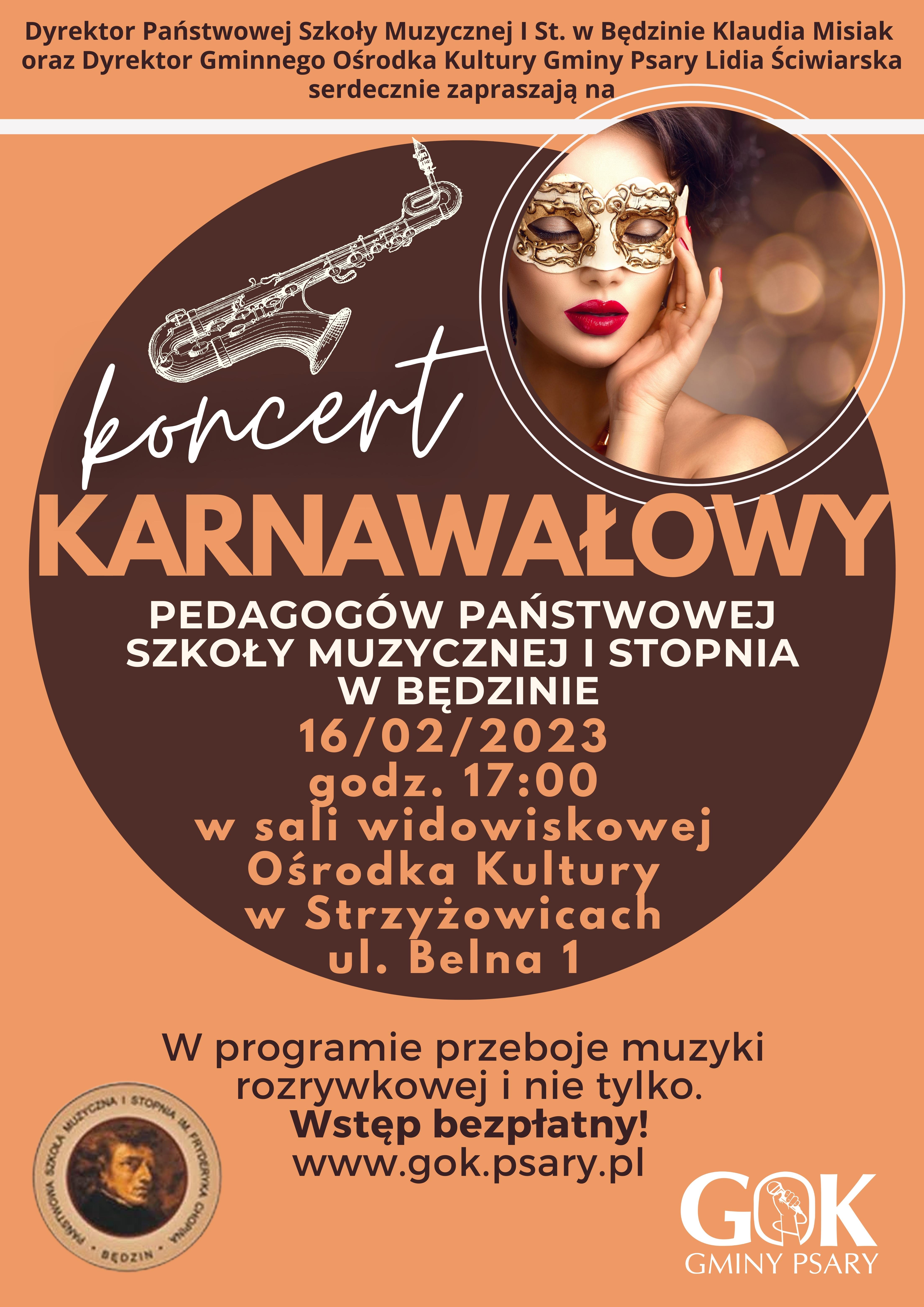 tło plakatu jest w kolorze pomarańczowym, w górnej części znajduję się informacja o osobach, które zapraszają na koncert, w środku jest informacja w brązowym kolistym tle o miejscu, dacie koncertu. Na dole strony znajdują się logotypy organizatorów.