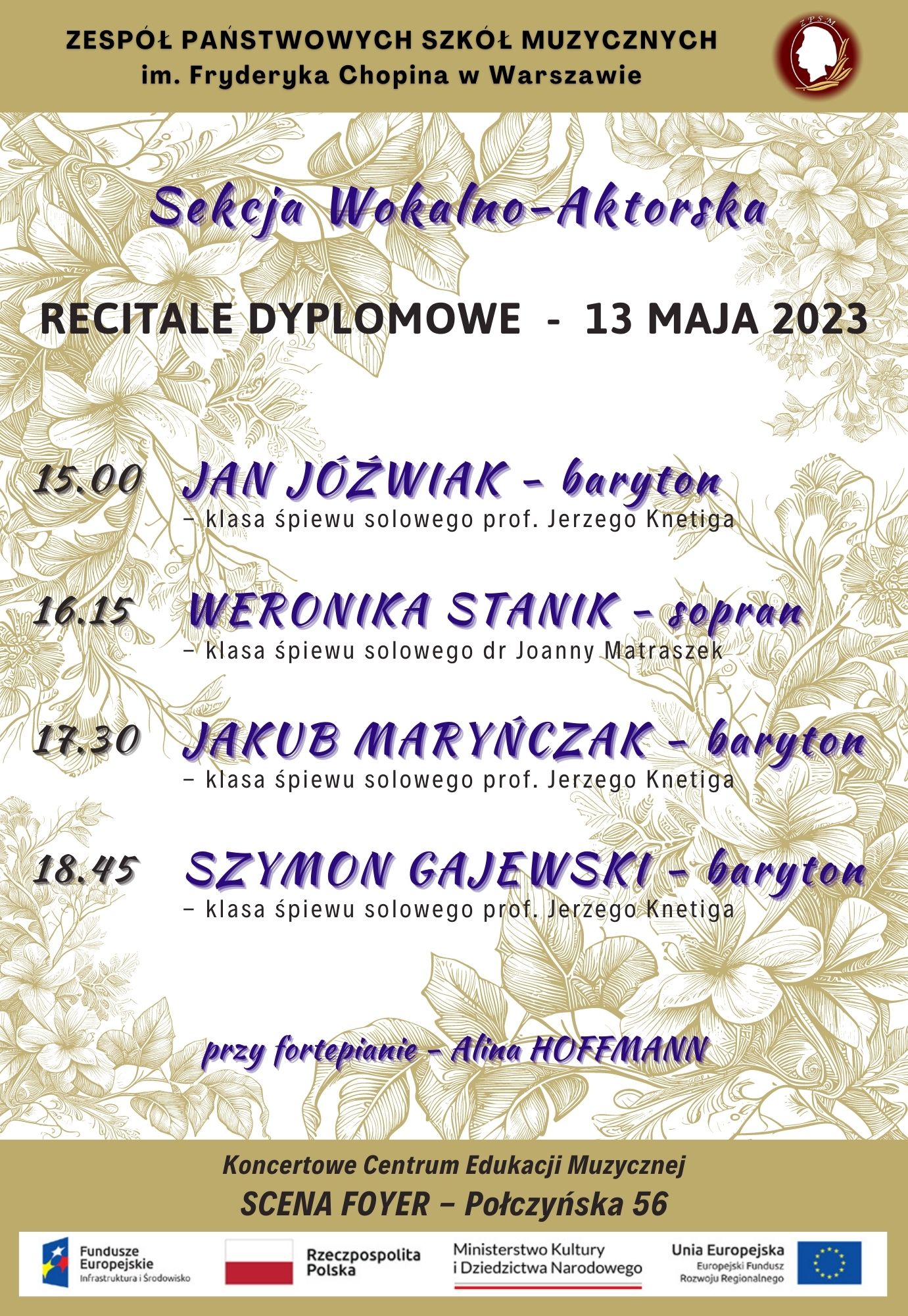 Afisz - Recitale dyplomowe uczniów sekcji wokalno–aktorskiej.