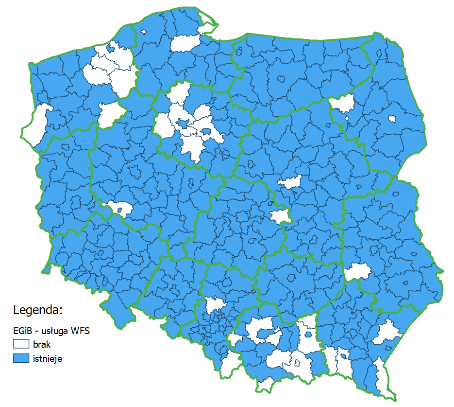 Ilustracja przedstawia mapę Polski z podziałem na powiaty, na której zaznaczone kolorem niebieskim są powiaty umożliwiajace pobieranie pobieranie danych dotyczących geometrii działek i budynków.