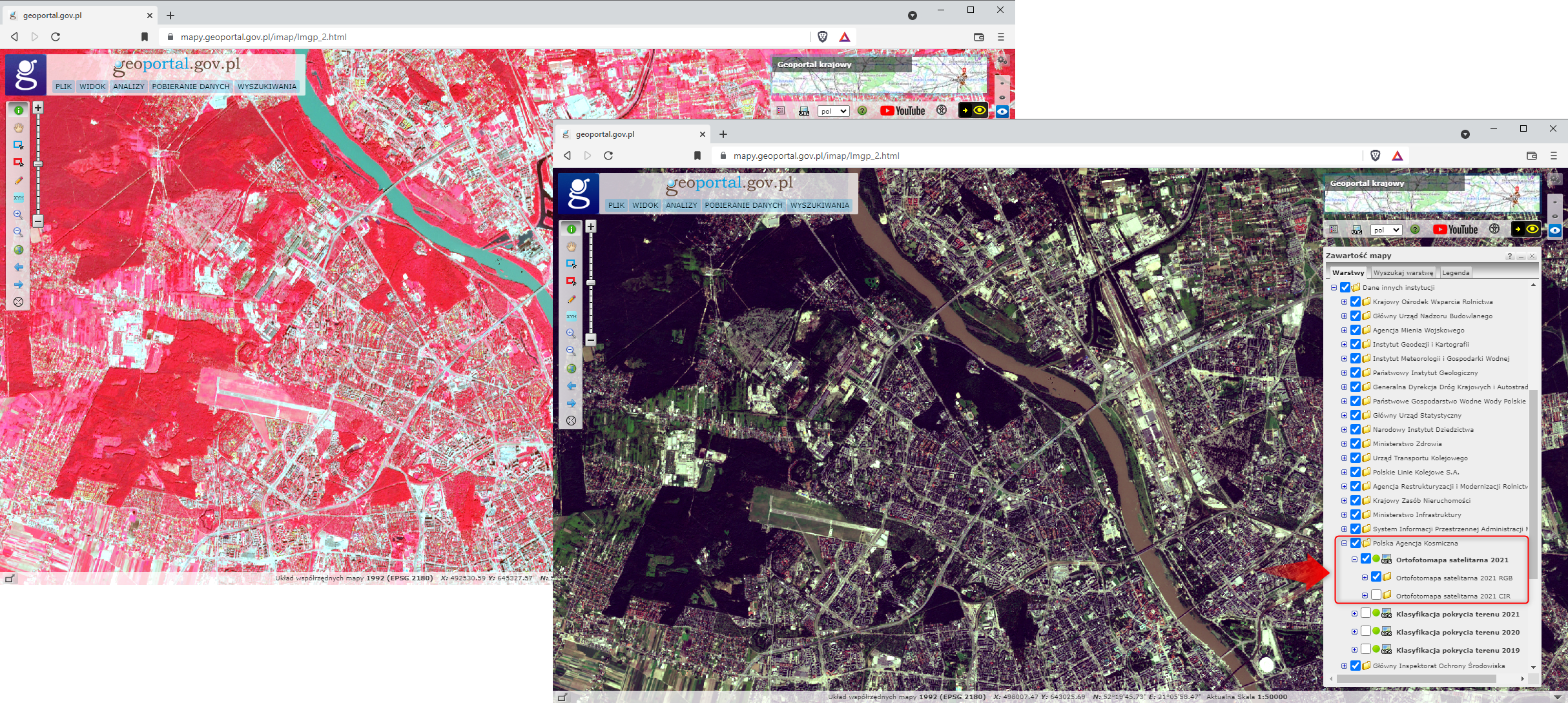 Ilustracja przestawia zrzuty ekranu z serwisu www.geoportal.gov.pl z widokiem na warstwę o nazwie "Ortofotomapa satelitarna 2021" przedstawioną w dwóch kompozycjach barwnych: RGB i CIR. Warstwa została podpięta w drzewku warstw "Dane innych instytucji/Polska Agencja Kosmiczna".