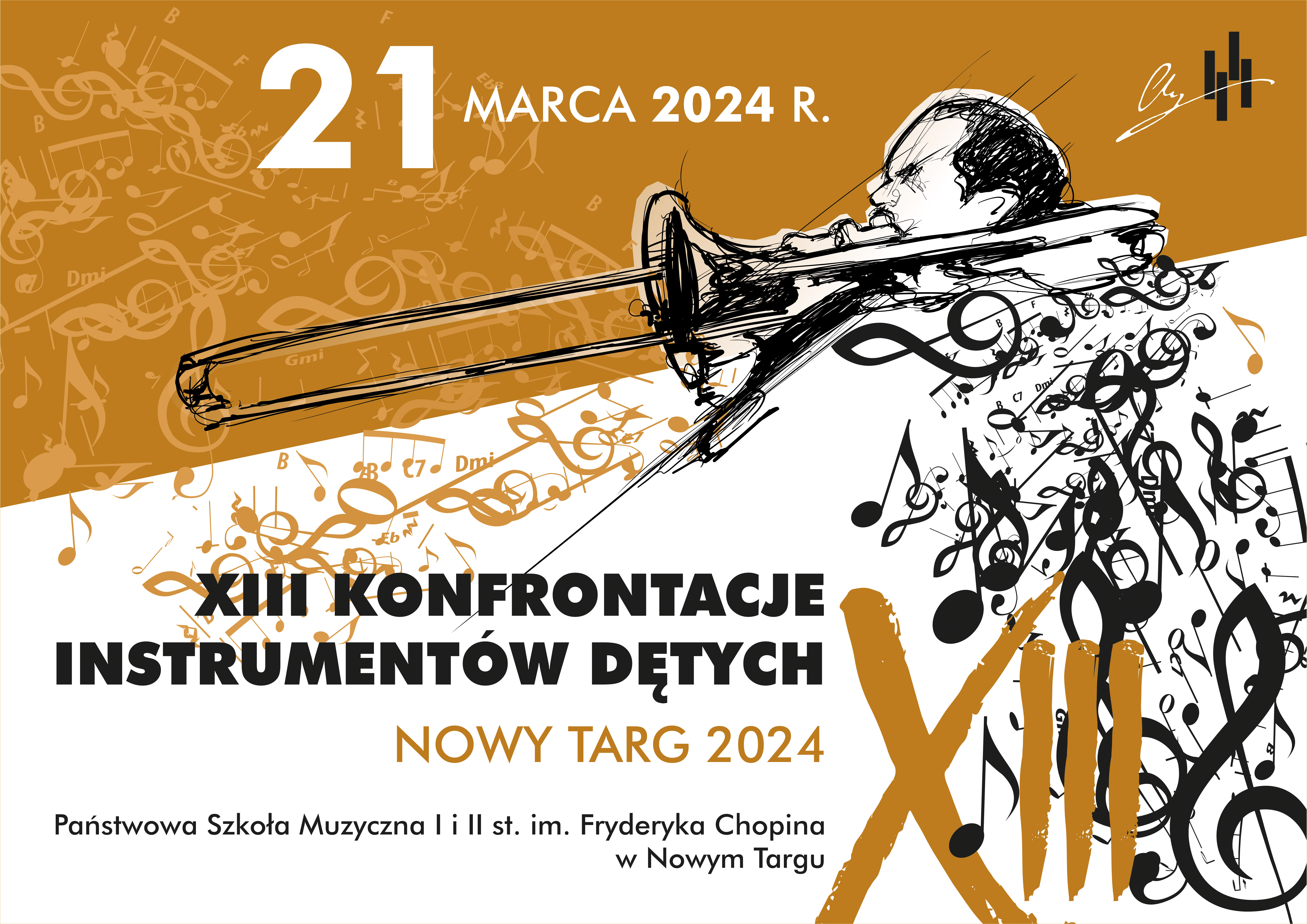 Grafika plakatu jest w kolorach białym, brązowym oraz czarnym. Na plakacie rycina korpusu grającego puzonisty, który wydmuchuje nuty i klucze wiolinowe, które znajdują się po lewej i prawej stronie plakatu. W górnej części plakatu jest data konkursu- 21 marca 2024 r. W prawym górnym rogu jest logo szkoły. Dolna część plakatu to pełna nazwa konkursu i organizatora czyli- XIII Konfrontacje Instrumentów Dętych -Nowy Targ 2024 , Państwowa Szkoła Muzyczna I i II st. im. Fryderyka Chopina w Nowym Targu
