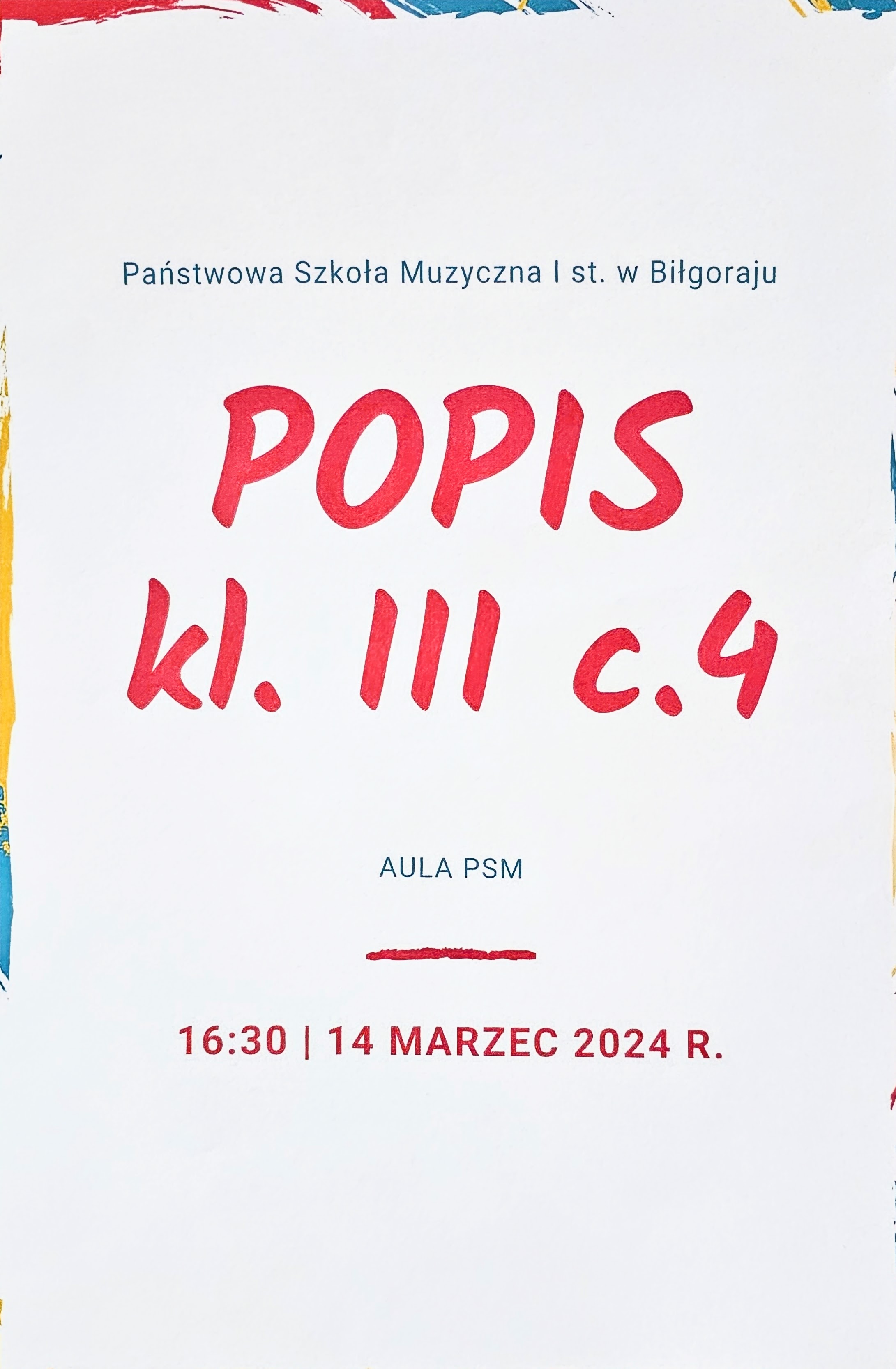Popis uczniów klasy III/4. 14.03.2024 r. w PSM I stopnia w Biłgoraju. Elementy dekoracyjne.