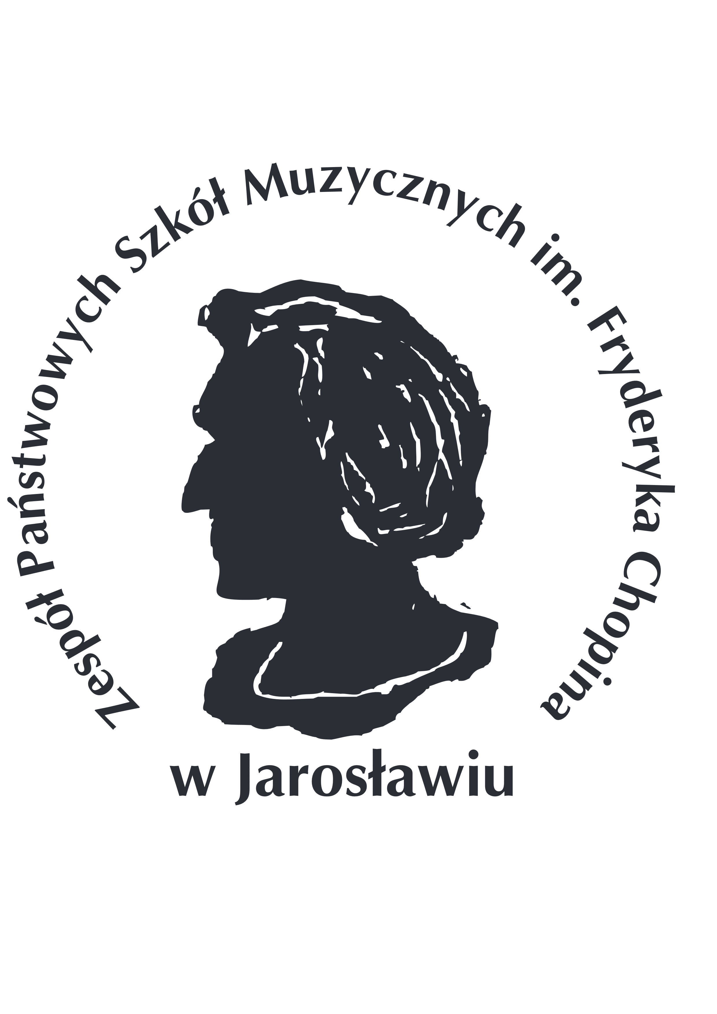 Logo z czarną grafiką popiersia Fryderyka Chopina na przeźroczystym tle na wzór okrągłego stempla z otaczający napisem Zespół Państwowych Szkół Muzycznych im. Fryderyka Chopina w Jarosławiu