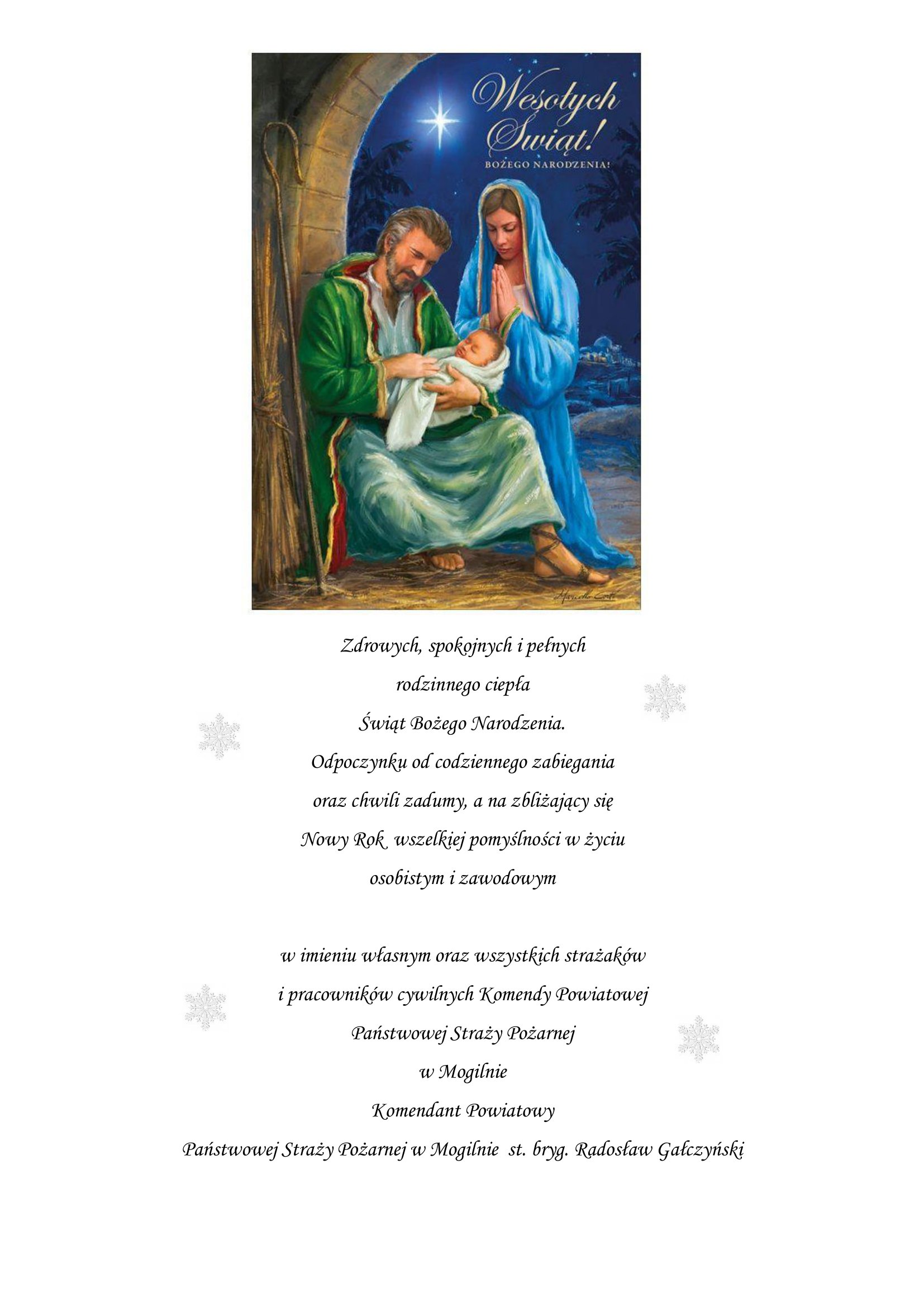 Życzenia świąteczne Komendanta Powiatowego PSP w Mogilnie