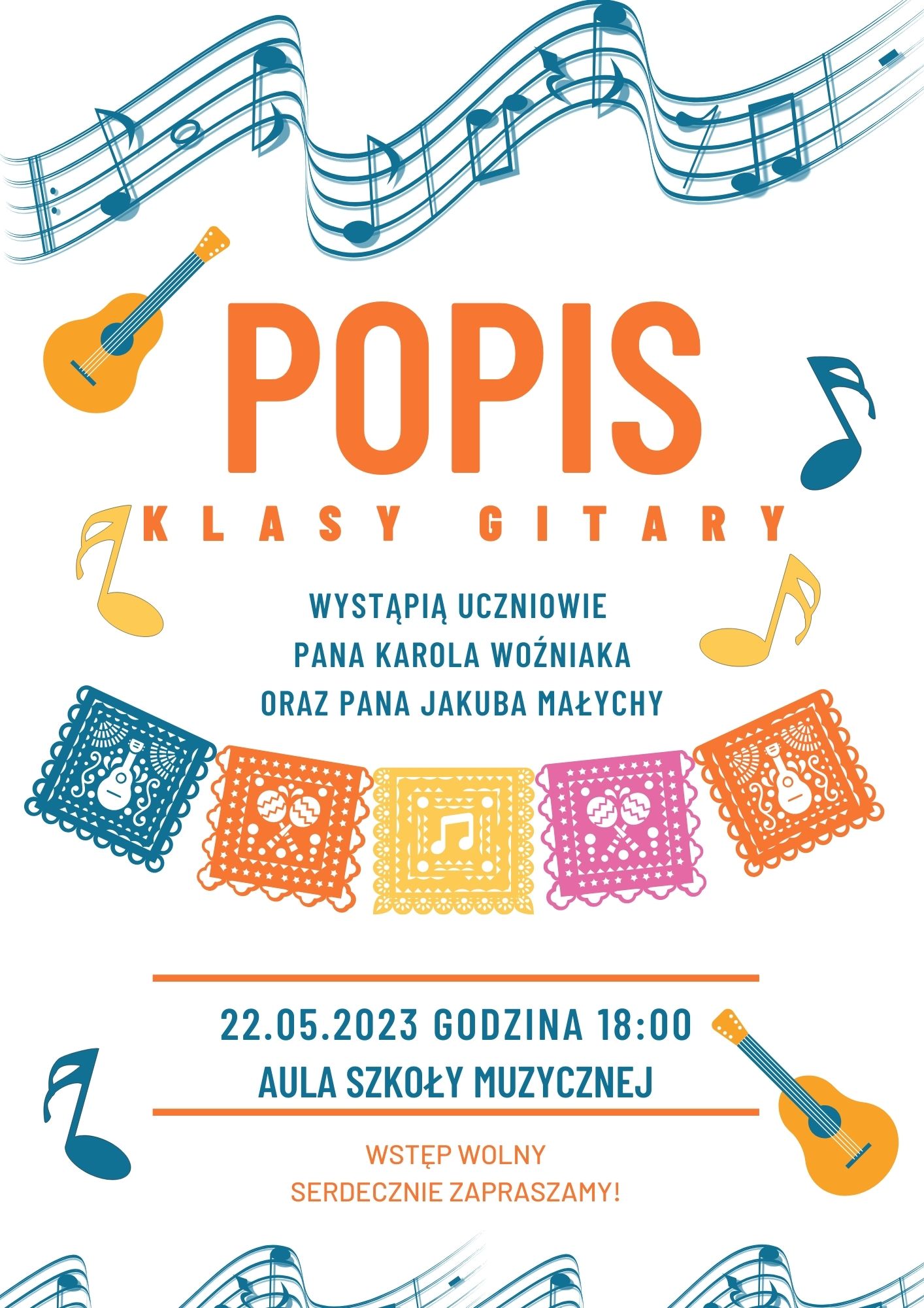 Na jasnym tle plakatu znajdują się różne akcenty muzyczne w postaci pięciolinii, wartości rytmicznych, gitar. W środkowej części plakatu znajdują się informacje dotyczące wydarzenia. 