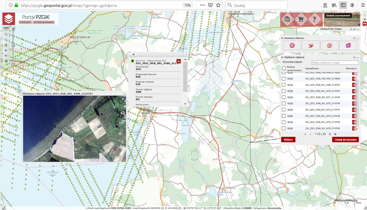 Ilustracja przedstawia zrzut ekranu z portalu https://pzgik.geoportal.gov.pl/imap/ nowo przyjętych zdjęć do państwowego zasobu geodezyjnego i kartograficznego linii brzegowej w miejscowości Wolin