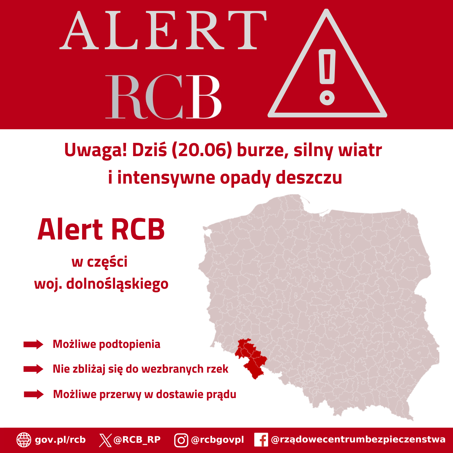 Alert RCB - 20.06 - 8 powiatów woj. dolnośląskiego