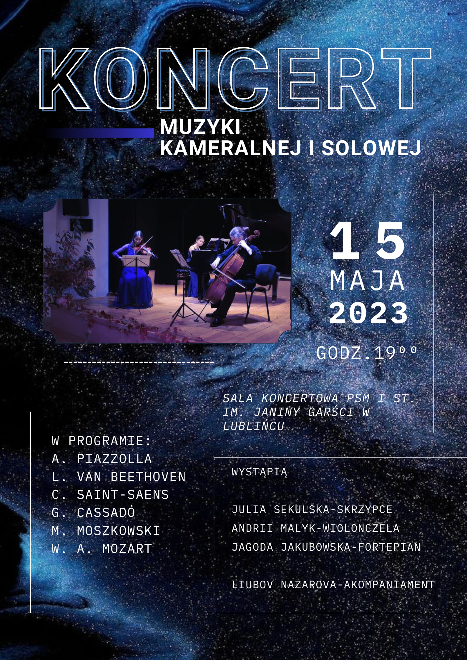 Plakat na czarno-niebiskim tle, u góry duży napis 