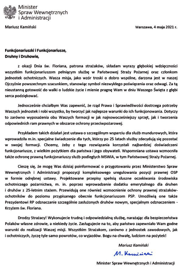 List Ministra Spraw Wewnętrznych i Administracji