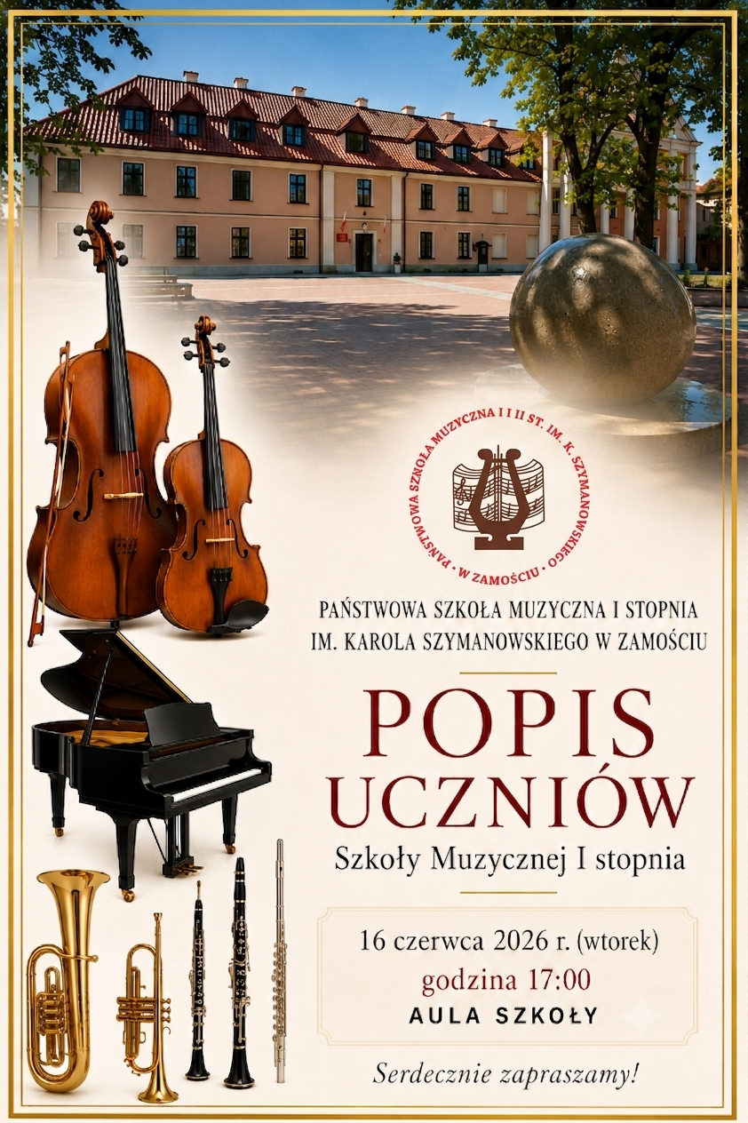 Plakat zaprasza na „Popis Uczniów” Szkoły Muzycznej I stopnia, który odbędzie się we wtorek, 16 czerwca 2026 roku o godzinie 17:00 w auli szkoły. W górnej części grafiki znajduje się zdjęcie przedstawiające zabytkowy, jasnoróżowy budynek Państwowej Szkoły Muzycznej I i II stopnia im. Karola Szymanowskiego w Zamościu, przed którym stoi duża, kamienna rzeźba w kształcie kuli. Poniżej zdjęcia umieszczono okrągłe logo szkoły z grafiką liry oraz pełną nazwę placówki: „PAŃSTWOWA SZKOŁA MUZYCZNA I STOPNIA IM. KAROLA SZYMANOWSKIEGO W ZAMOŚCIU”. Centralną część plakatu zajmuje duży, bordowy napis „POPIS UCZNIÓW”, pod którym dopisano mniejszą czcionką „Szkoły Muzycznej I stopnia”. Po lewej stronie skomponowano kolaż instrumentów muzycznych, na który składają się: wiolonczela, skrzypce, czarny fortepian skrzydłowy, waltornia, trąbka, dwa oboje oraz flet poprzeczny. Szczegóły wydarzenia zapisano w jasnej ramce: „16 czerwca 2026 r. (wtorek) godzina 17:00 AULA SZKOŁY”, a całość wieńczy dopisek „Serdecznie zapraszamy!”. Całość otoczona jest elegancką, podwójną złotą ramką na białym tle.