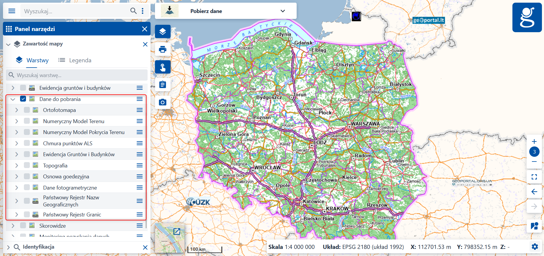 Moduł "Pobierz dane" oraz wyświetlony wachlarz danych do pobrania nieodpłatnie.