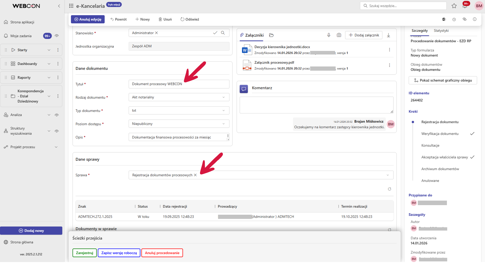 Widok uzupełnienia danych dokumentu z możliwością powiązania ze sprawą – w kontekście jednostki pracownika.