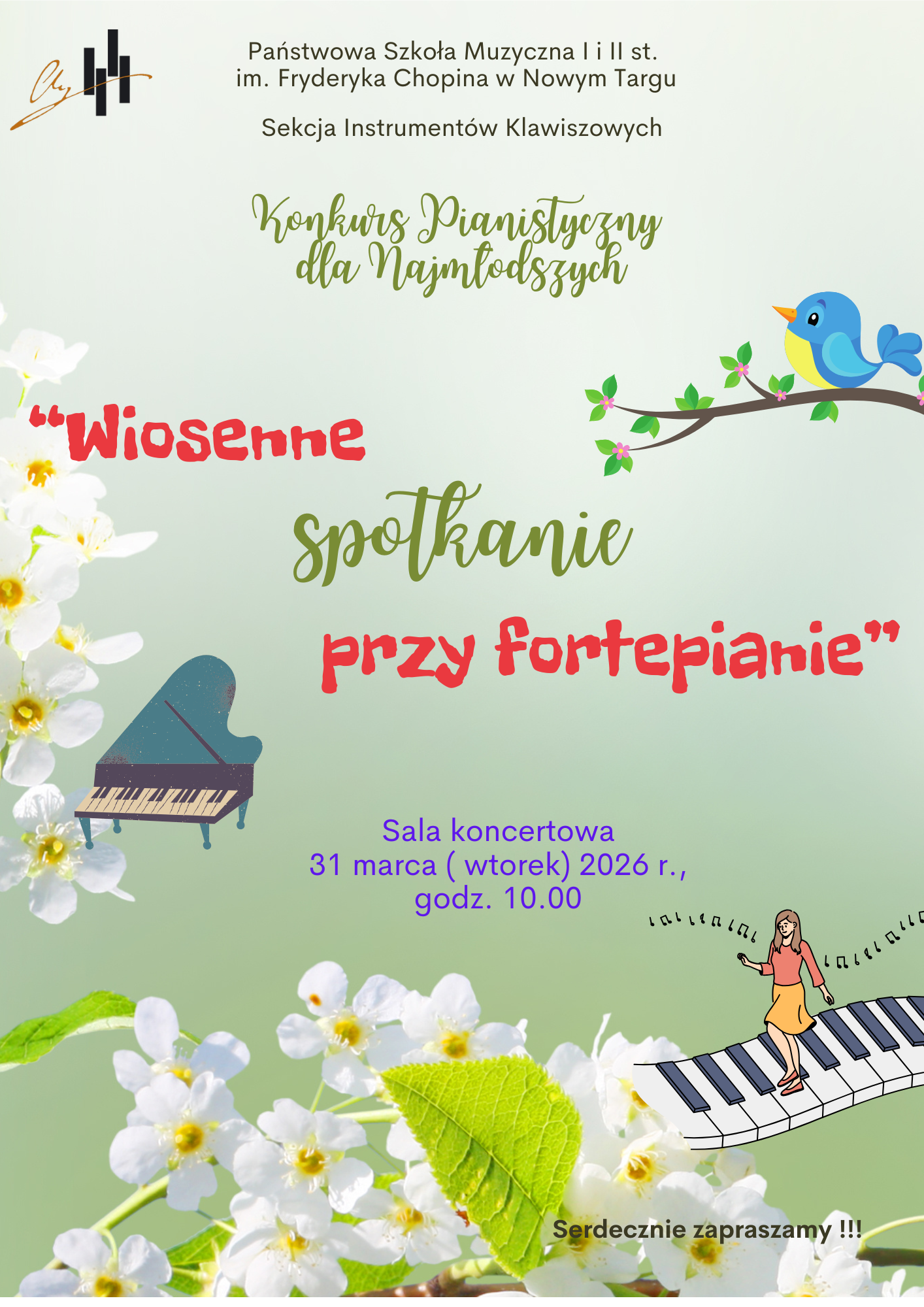 Ten plakat to czysta wiosenna energia! Bardzo przyjemny dla oka projekt, który od razu kojarzy się z lekkością i nowym początkiem. Temat: Plakat promuje wydarzenie pt. „Wiosenne spotkanie przy fortepianie”, będące Konkursem Pianistycznym dla Najmłodszych. Organizator: Państwowa Szkoła Muzyczna I i II st. im. Fryderyka Chopina w Nowym Targu (Sekcja Instrumentów Klawiszowych). Detale: Konkurs odbędzie się w wtorek, 31 marca 2026 r. o godz. 10.00 w sali koncertowej. Estetyka: Dominują jasne, pastelowe kolory – głównie zieleń i błękit. Grafika jest bogata w motywy wiosenne: białe kwiaty, śpiewającego ptaszka na gałązce oraz rysunkowe elementy, jak miniaturowy fortepian i postać tańcząca na klawiszach, co podkreśla dziecięcy, radosny charakter konkursu.