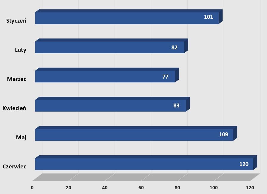 Wykres słupkowy poziomy obrazujący statystykę liczby wyjazdów w poszczególnych miesiącach w pierwszym półroczu 2024 roku