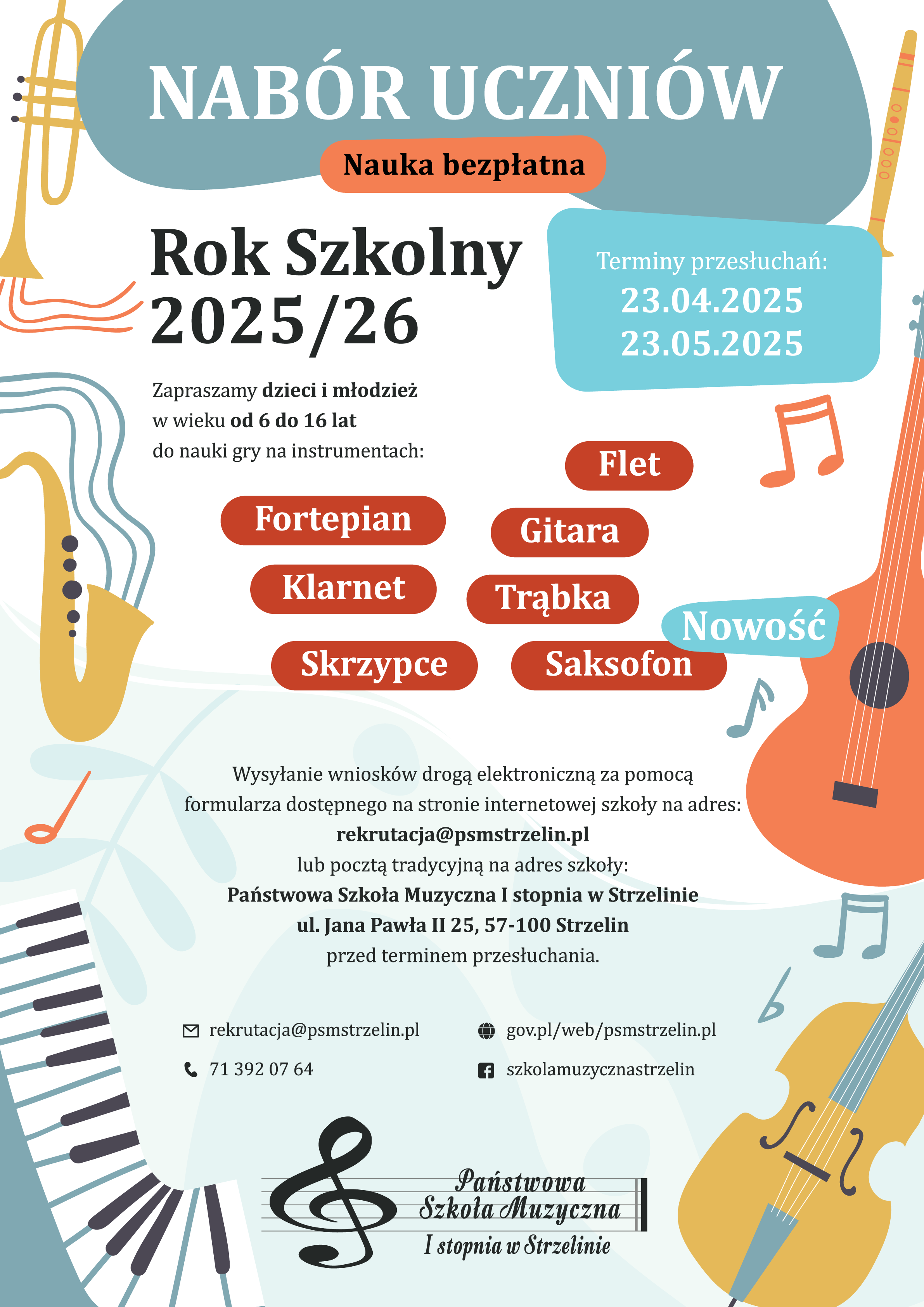 Na jasnobłękitnym tle umieszczone zostały grafiki instrumentów oraz informacje dotyczące rekrutacji.