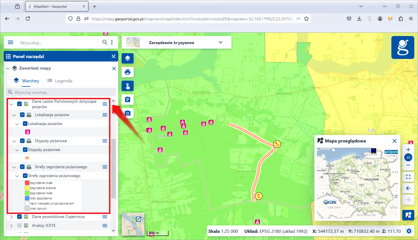 Zrzut ekranu z modułu „Zarządzanie kryzysowe” z włączonymi warstwami z nowo udostępnionej grupy „Dane Lasów Państwowych dotyczące pożarów”.